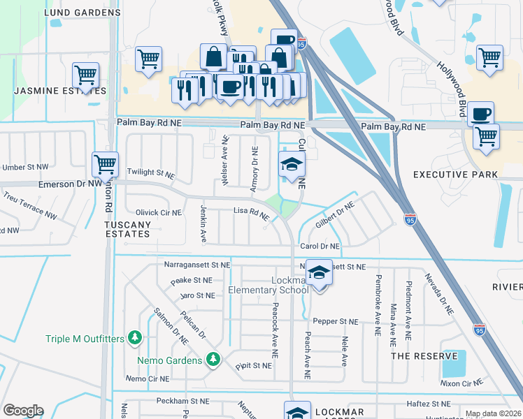 map of restaurants, bars, coffee shops, grocery stores, and more near 399 Lisa Road Northeast in Palm Bay