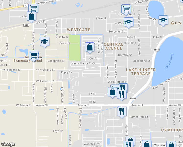 map of restaurants, bars, coffee shops, grocery stores, and more near Kings Manor Tr Court in Lakeland