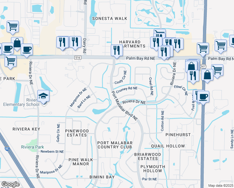 map of restaurants, bars, coffee shops, grocery stores, and more near 1398 Cromey Road Northeast in Palm Bay