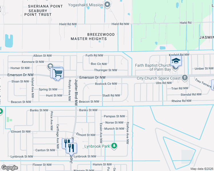 map of restaurants, bars, coffee shops, grocery stores, and more near 756 Rostock Circle Northwest in Palm Bay