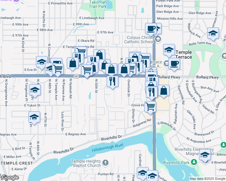 map of restaurants, bars, coffee shops, grocery stores, and more near 8716 North Whittier Street in Tampa
