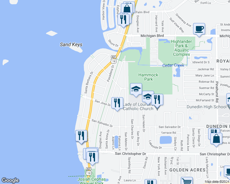 map of restaurants, bars, coffee shops, grocery stores, and more near 1757 Douglas Avenue in Dunedin