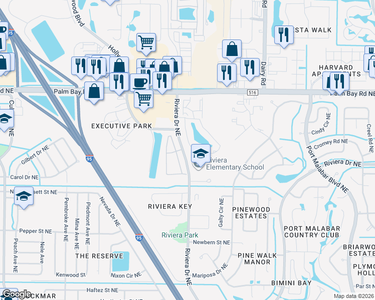 map of restaurants, bars, coffee shops, grocery stores, and more near 1440 Malibu Circle Northeast in Palm Bay