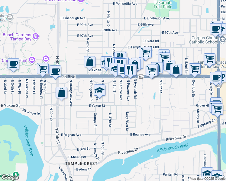 map of restaurants, bars, coffee shops, grocery stores, and more near 8722A North 48th Street in Tampa