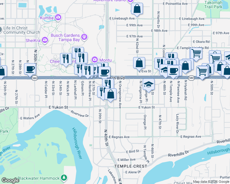 map of restaurants, bars, coffee shops, grocery stores, and more near 8716 North Orangeview Avenue in Tampa