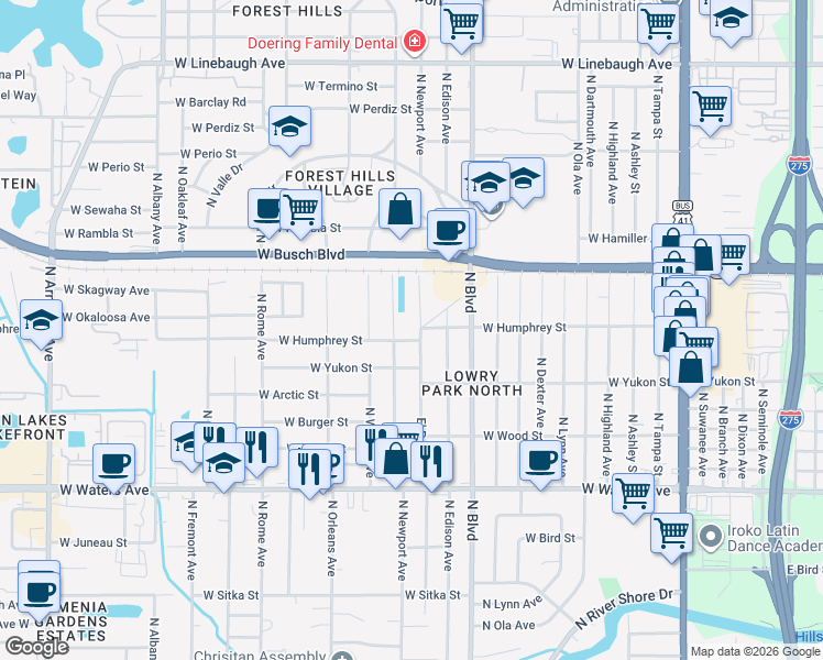 map of restaurants, bars, coffee shops, grocery stores, and more near 8900 El Portal Drive in Tampa