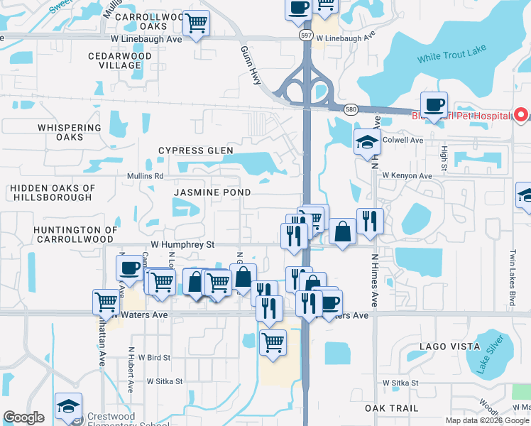 map of restaurants, bars, coffee shops, grocery stores, and more near 3832 North Lake Drive in Tampa