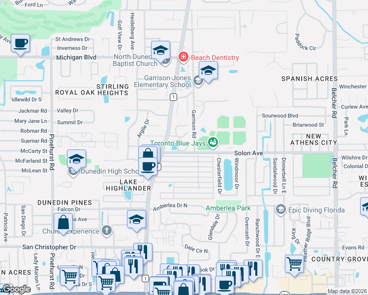 map of restaurants, bars, coffee shops, grocery stores, and more near 1665 Nash Court in Dunedin