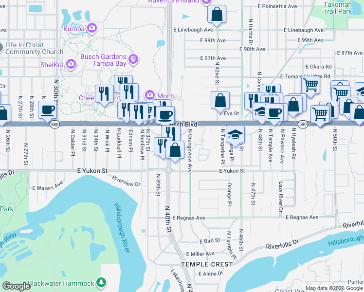 map of restaurants, bars, coffee shops, grocery stores, and more near 8716 North Orangeview Avenue in Tampa