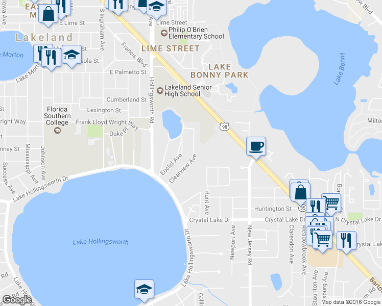 map of restaurants, bars, coffee shops, grocery stores, and more near 1003 Clearview Avenue in Lakeland