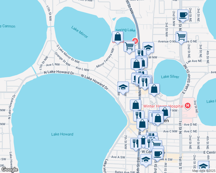 map of restaurants, bars, coffee shops, grocery stores, and more near 919 North Lake Howard Drive in Winter Haven