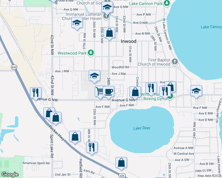 map of restaurants, bars, coffee shops, grocery stores, and more near 736-740 34th St NW in Winter Haven