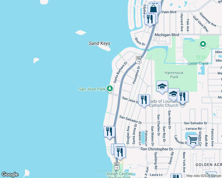 map of restaurants, bars, coffee shops, grocery stores, and more near 1720 Santa Barbara Drive in Dunedin