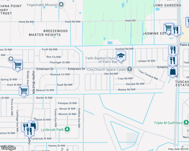 map of restaurants, bars, coffee shops, grocery stores, and more near 1285 Karlovy Avenue Northwest in Palm Bay