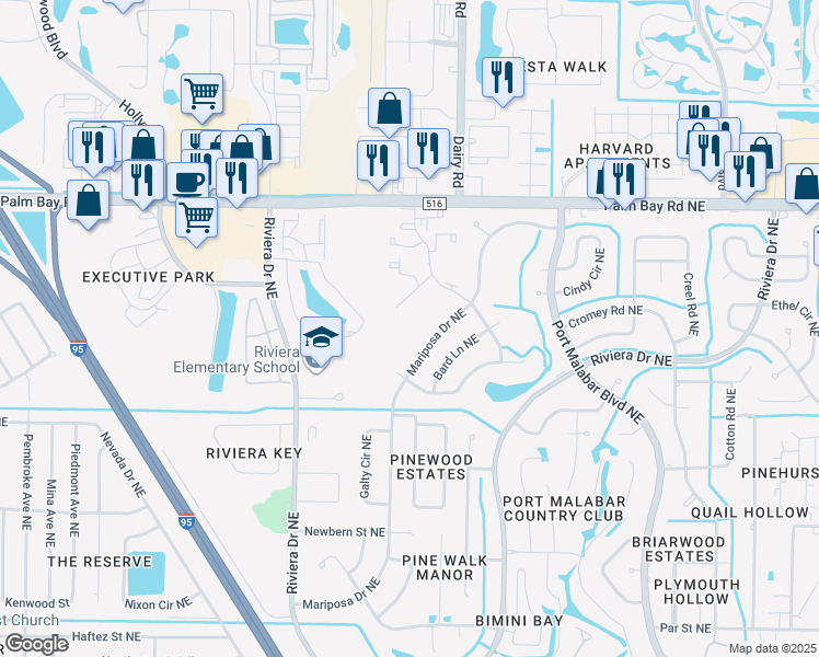 map of restaurants, bars, coffee shops, grocery stores, and more near 1000 Abada Court Northeast in Palm Bay