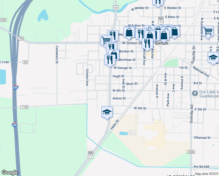 map of restaurants, bars, coffee shops, grocery stores, and more near 666 South San Patricio Avenue in Sinton
