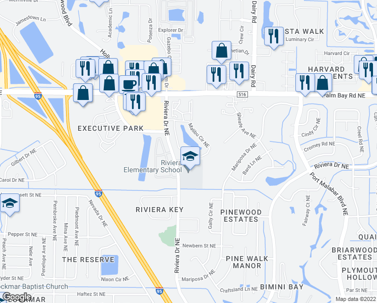 map of restaurants, bars, coffee shops, grocery stores, and more near 1445 Malibu Circle Northeast in Palm Bay