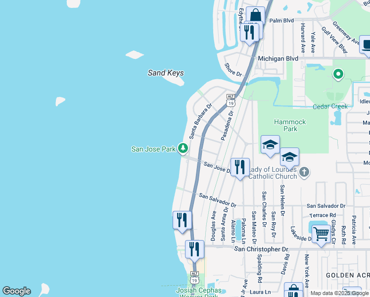 map of restaurants, bars, coffee shops, grocery stores, and more near 1720 Santa Barbara Drive in Dunedin