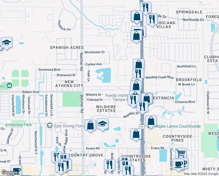 map of restaurants, bars, coffee shops, grocery stores, and more near 2306 Wilshire Drive in Dunedin