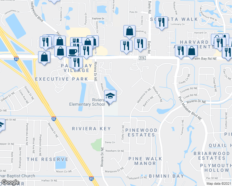 map of restaurants, bars, coffee shops, grocery stores, and more near 1455 Malibu Circle Northeast in Palm Bay