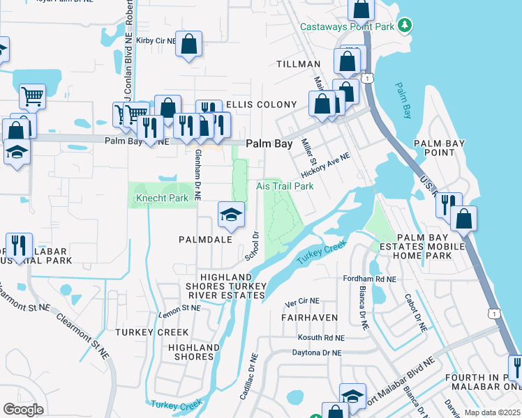map of restaurants, bars, coffee shops, grocery stores, and more near 2786 School Drive in Palm Bay