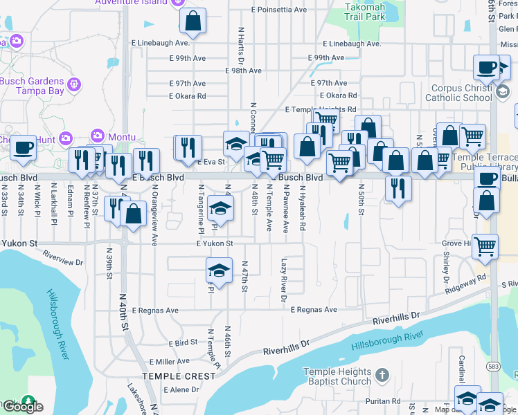 map of restaurants, bars, coffee shops, grocery stores, and more near 8722A North 48th Street in Tampa