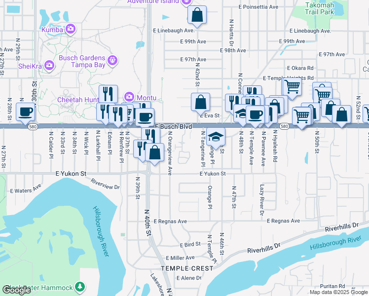 map of restaurants, bars, coffee shops, grocery stores, and more near 4121 East Busch Boulevard in Tampa
