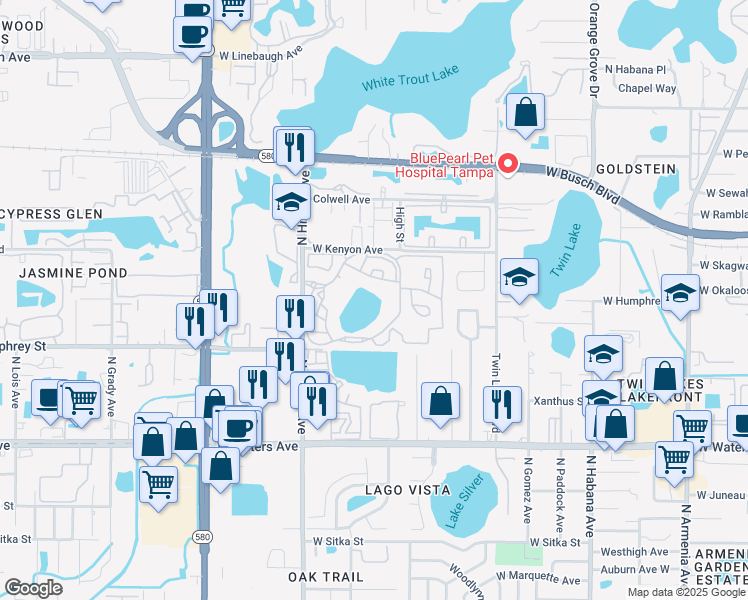 map of restaurants, bars, coffee shops, grocery stores, and more near 8678 Molokai Court in Tampa