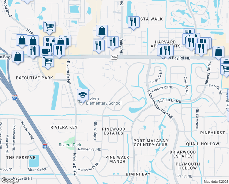 map of restaurants, bars, coffee shops, grocery stores, and more near 1278 Mariposa Drive Northeast in Palm Bay