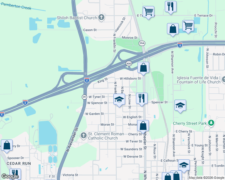 map of restaurants, bars, coffee shops, grocery stores, and more near 902 Woodlawn Avenue in Plant City