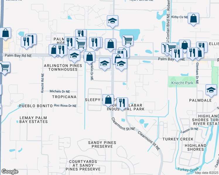 map of restaurants, bars, coffee shops, grocery stores, and more near 1370 Clearmont Street Northeast in Palm Bay