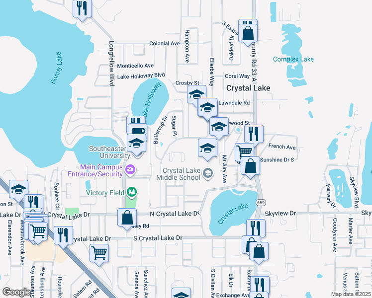 map of restaurants, bars, coffee shops, grocery stores, and more near 1100 Lowry Avenue in Lakeland