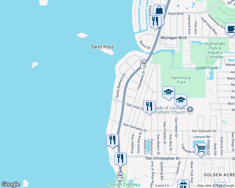 map of restaurants, bars, coffee shops, grocery stores, and more near Santa Barbara Drive in Dunedin