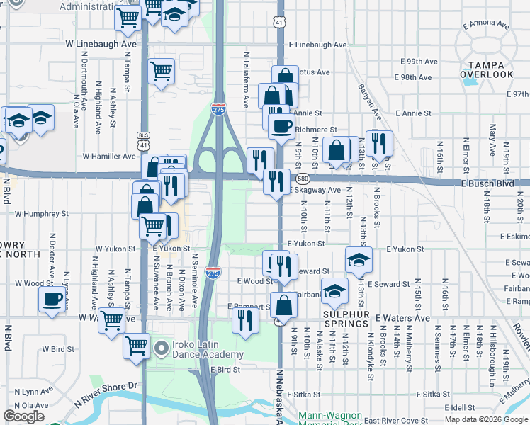 map of restaurants, bars, coffee shops, grocery stores, and more near 715 East Humphrey Street in Tampa