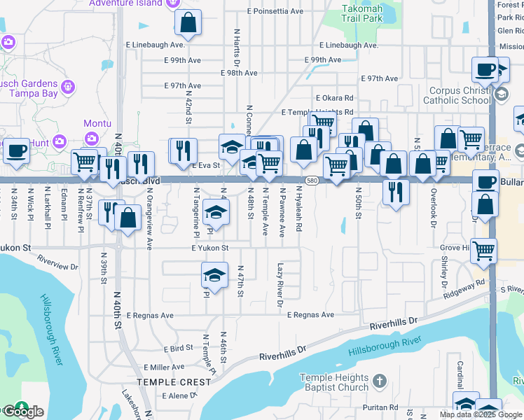 map of restaurants, bars, coffee shops, grocery stores, and more near 8724 North Temple Avenue in Tampa