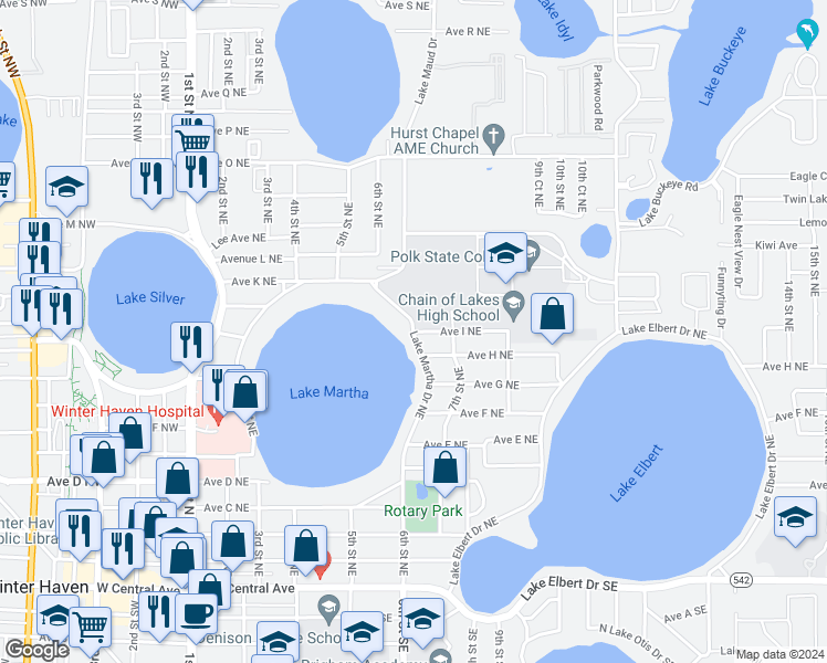 map of restaurants, bars, coffee shops, grocery stores, and more near 426 Avenue I Northeast in Winter Haven