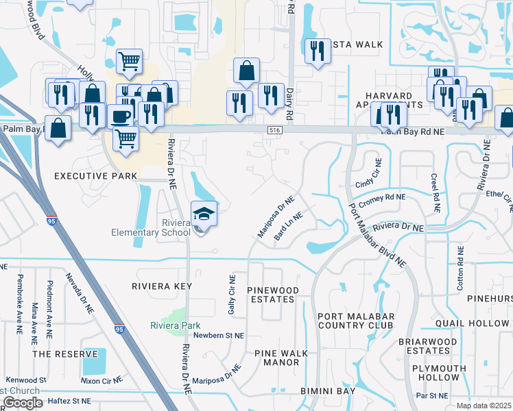 map of restaurants, bars, coffee shops, grocery stores, and more near 1254 Mariposa Drive Northeast in Palm Bay