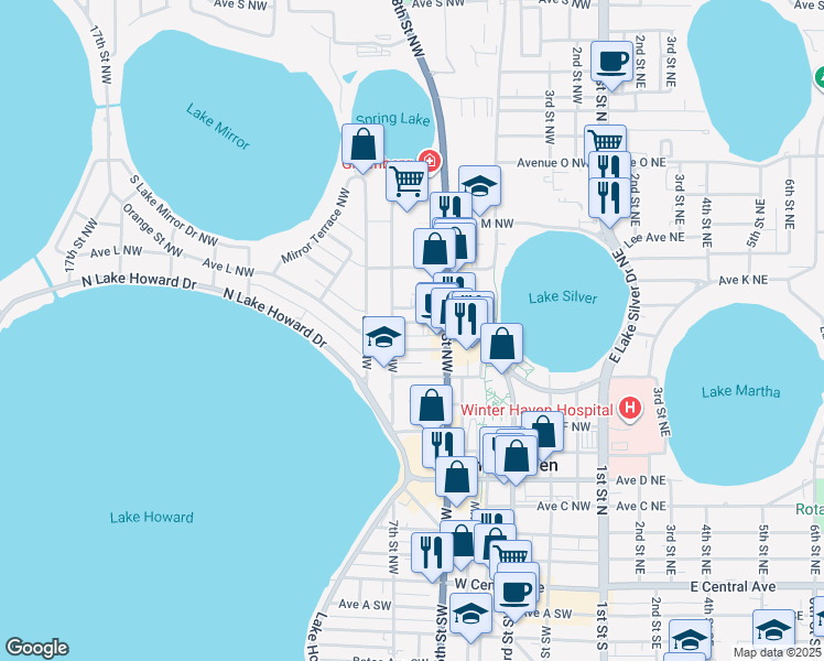 map of restaurants, bars, coffee shops, grocery stores, and more near 663 Avenue I Northwest in Winter Haven