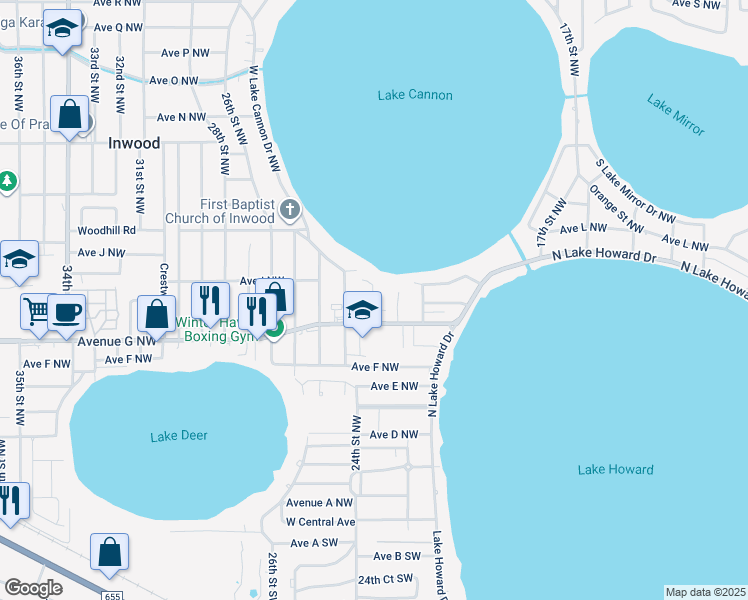 map of restaurants, bars, coffee shops, grocery stores, and more near 2300 West Cannon Terrace Northwest in Winter Haven