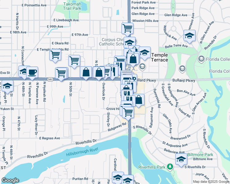 map of restaurants, bars, coffee shops, grocery stores, and more near 8716 Beverly Drive in Tampa