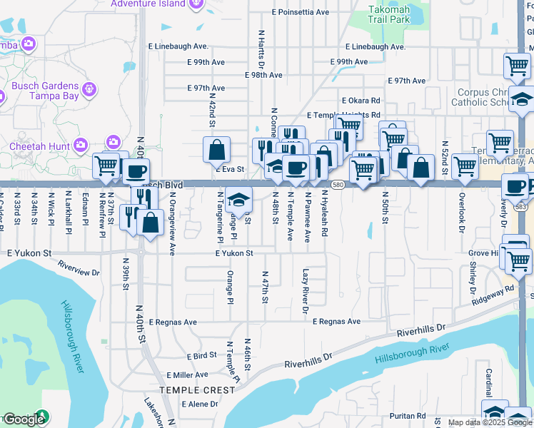 map of restaurants, bars, coffee shops, grocery stores, and more near 8722A North 48th Street in Tampa