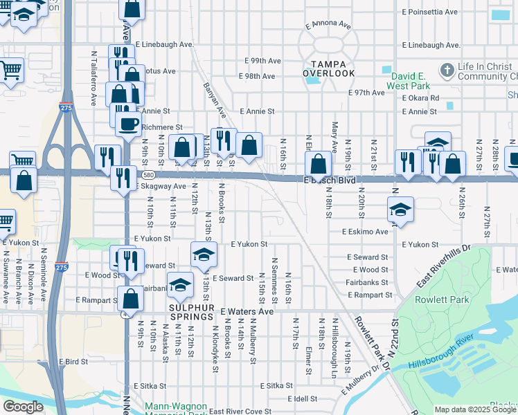 map of restaurants, bars, coffee shops, grocery stores, and more near 1502 East Humphrey Street in Tampa