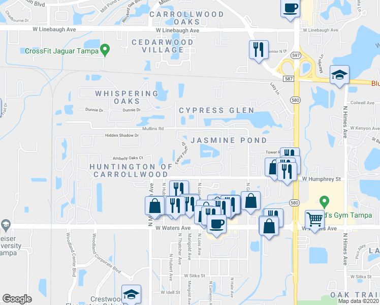 map of restaurants, bars, coffee shops, grocery stores, and more near 8617 Fancy Finch Drive in Tampa