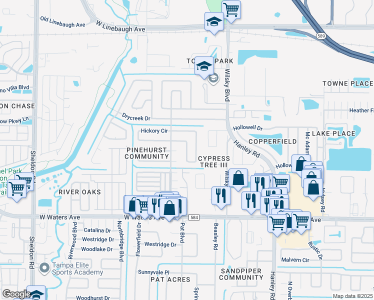 map of restaurants, bars, coffee shops, grocery stores, and more near 8201 Hornwood Place in Tampa