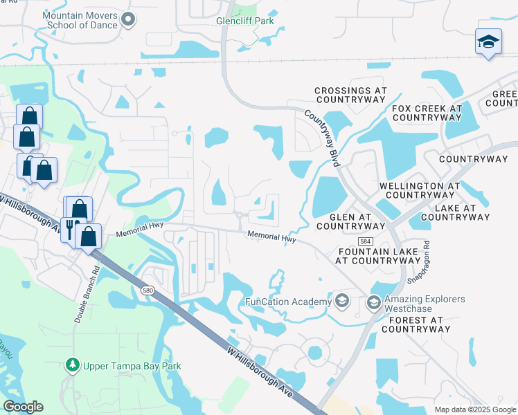 map of restaurants, bars, coffee shops, grocery stores, and more near 12231 Country White Circle in Tampa