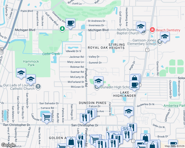 map of restaurants, bars, coffee shops, grocery stores, and more near 30 Pinehurst Village in Dunedin