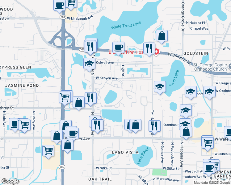 map of restaurants, bars, coffee shops, grocery stores, and more near 8678 Molokai Court in Tampa