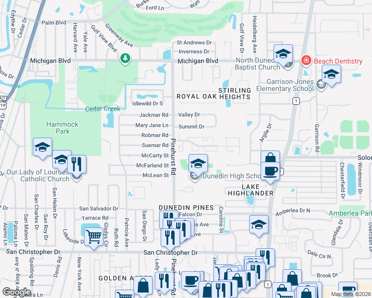 map of restaurants, bars, coffee shops, grocery stores, and more near 30 Pinehurst Village in Dunedin