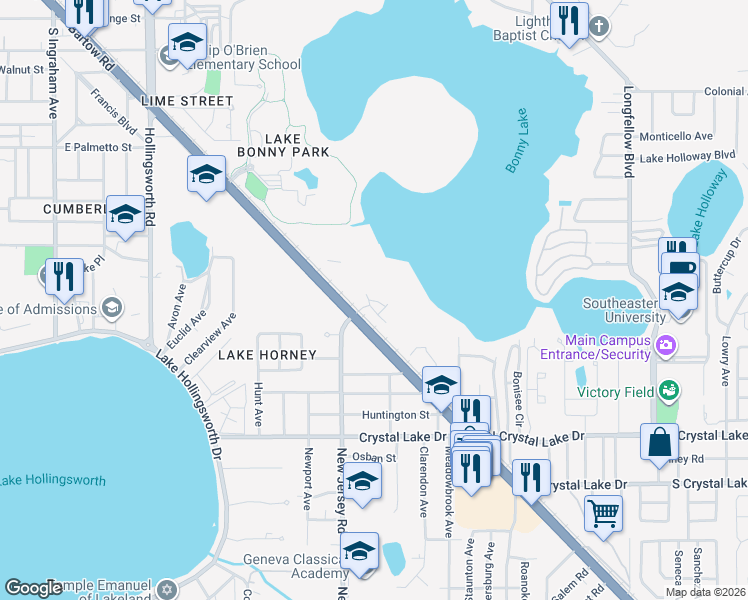 map of restaurants, bars, coffee shops, grocery stores, and more near 1108 Bartow Road in Lakeland