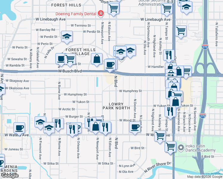map of restaurants, bars, coffee shops, grocery stores, and more near 8719 North Edison Avenue in Tampa